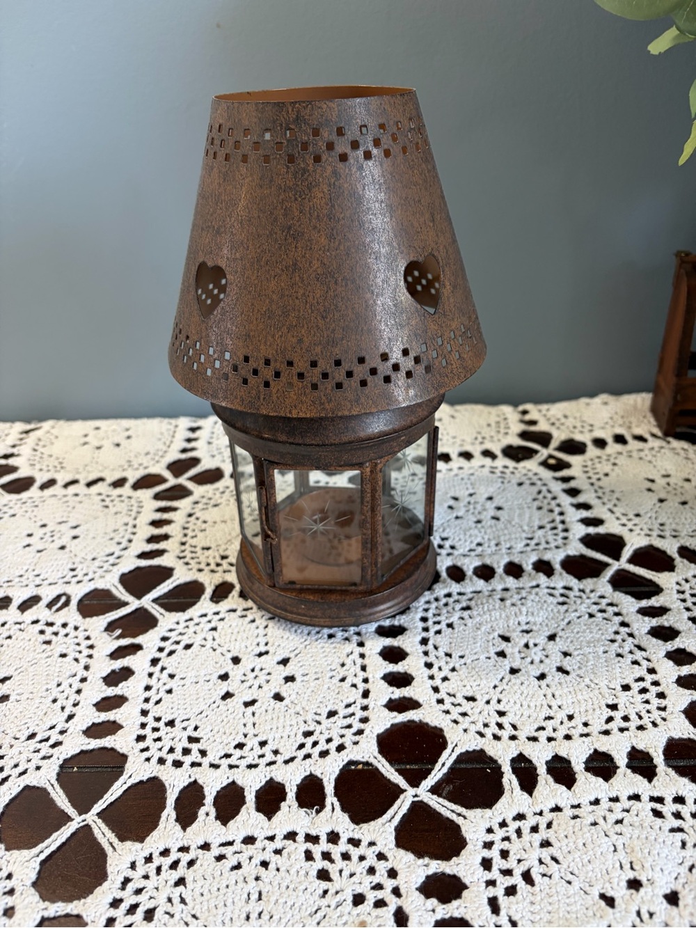 Rust-Tone Heart Cutout Hurricane Style Hinged Glass Table Lantern Candle Holder